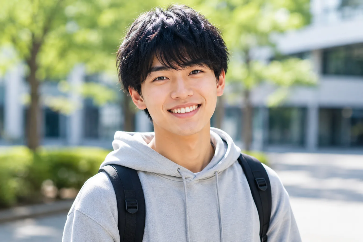 キャンパスでリュックを背負い笑顔を見せる大学3年生のTさん