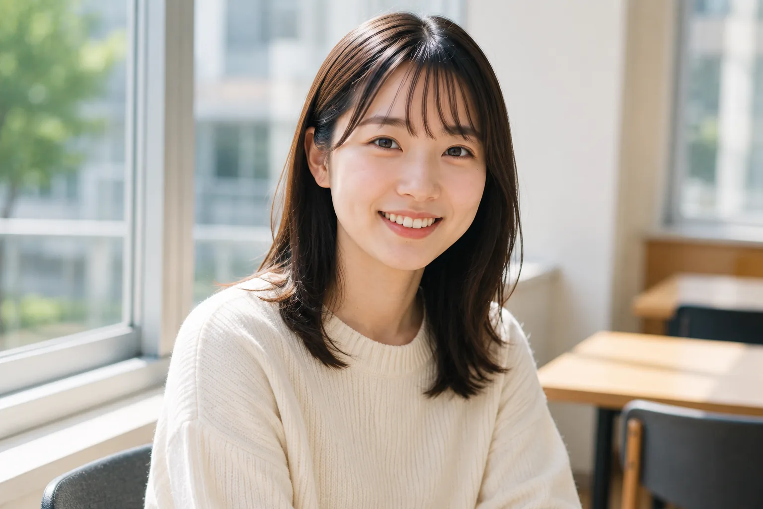 窓際のカフェで微笑むフリーランスの女性受講生