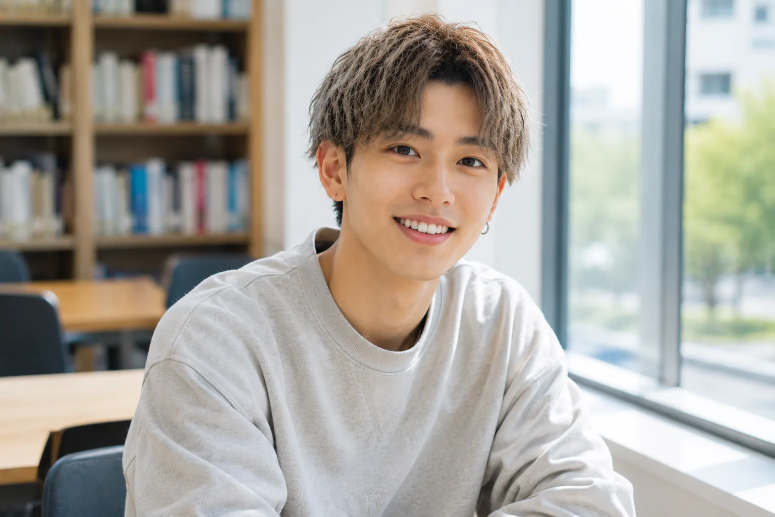 図書館で笑顔を見せる就職活動中の男子学生
