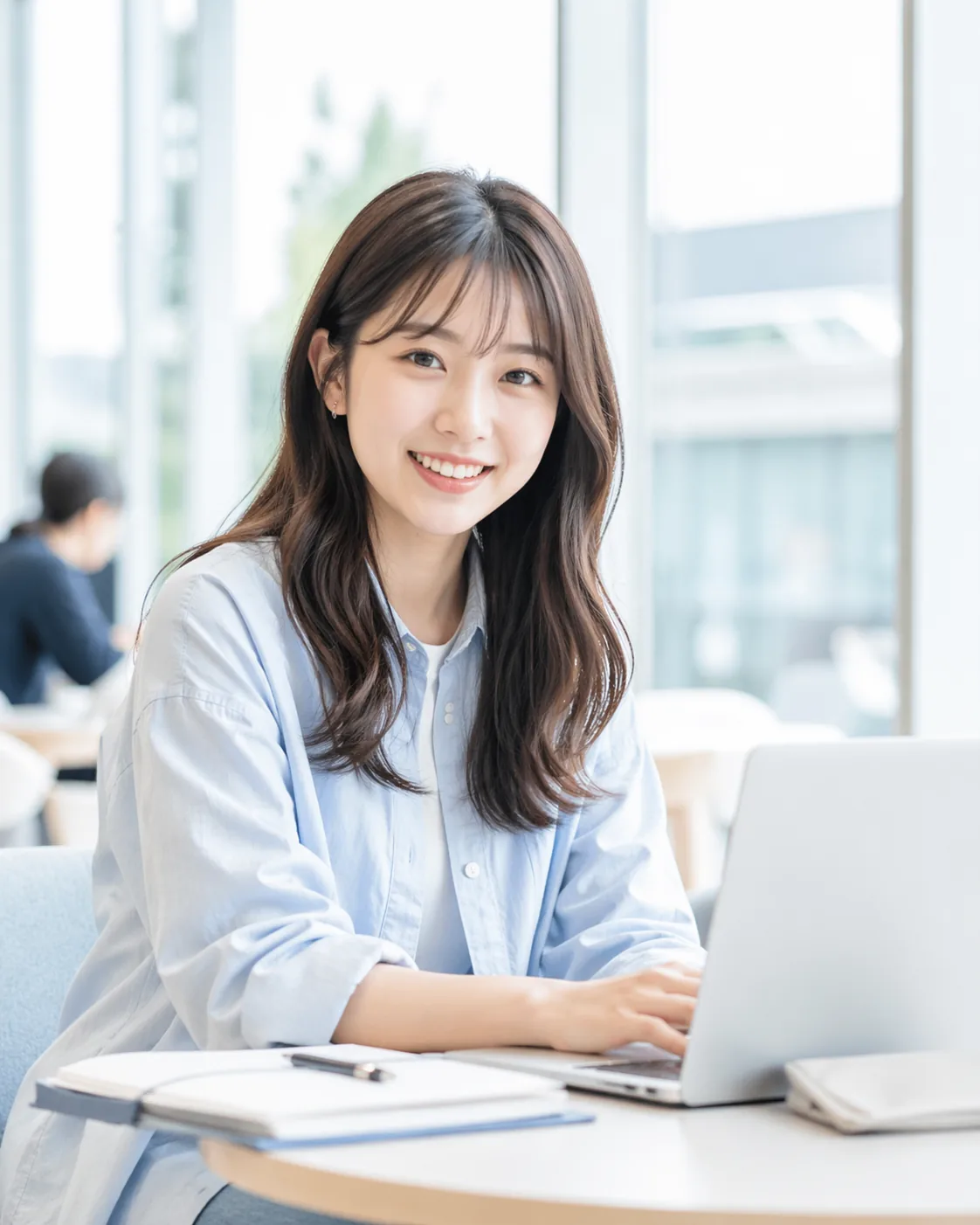 カフェでノートパソコンを使い学ぶ女性